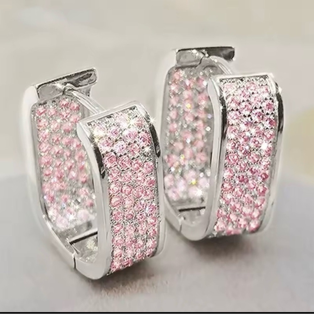 Clearance! Silver Pink Simulated Amethyst Rectangular Crystal Hoop Earrings - Picture 3 of 6